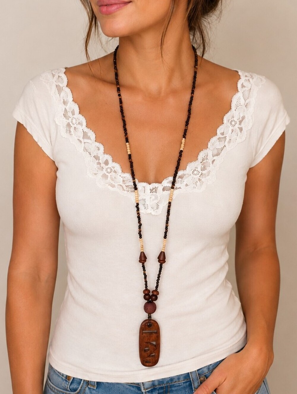 Vtg Long Wood Carved Ethnic Pendant Horn Beaded Lavalier Hippie Necklace